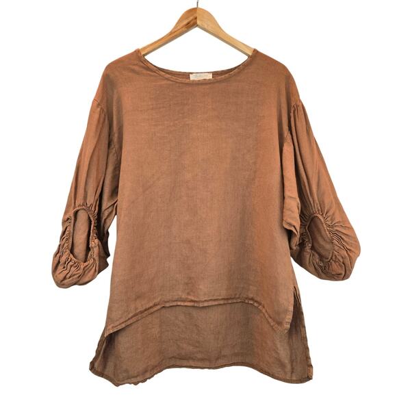 Bellambra Italy Linen Blouse Oversized Hi-Lo Hem 3/4 Sleeves Brown Small - Picture 1 of 8